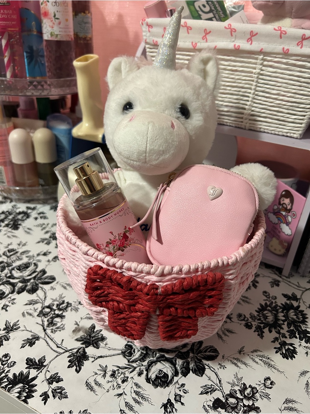 Pink Woven Decorative Basket with Red Bow Accent - Picture 4 of 4